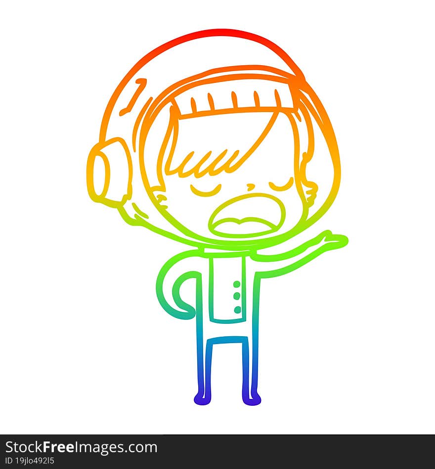 rainbow gradient line drawing cartoon astronaut woman explaining