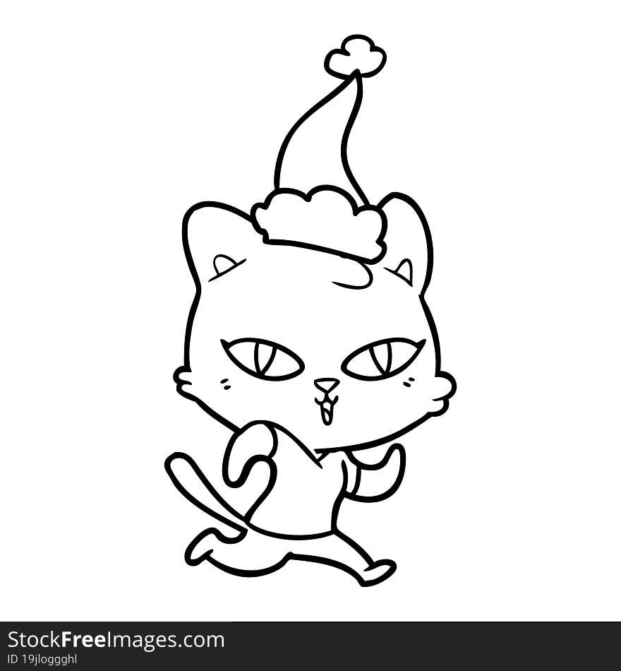 line drawing of a cat out for a run wearing santa hat