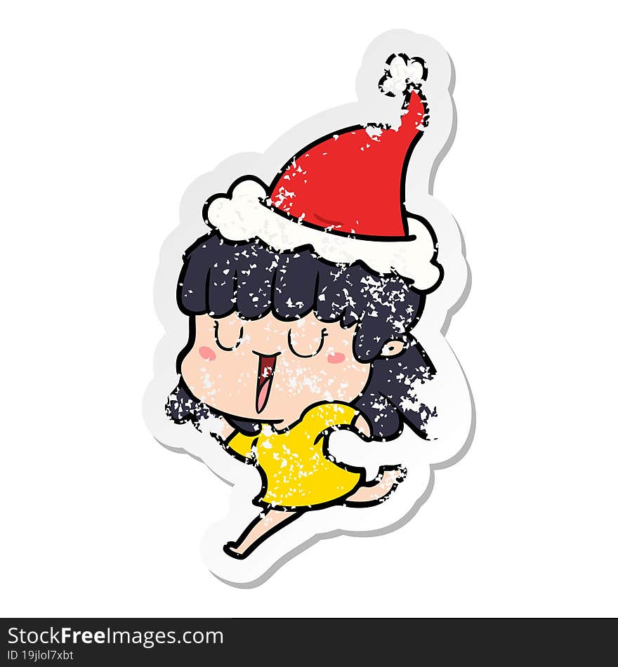 hand drawn distressed sticker cartoon of a woman wearing santa hat