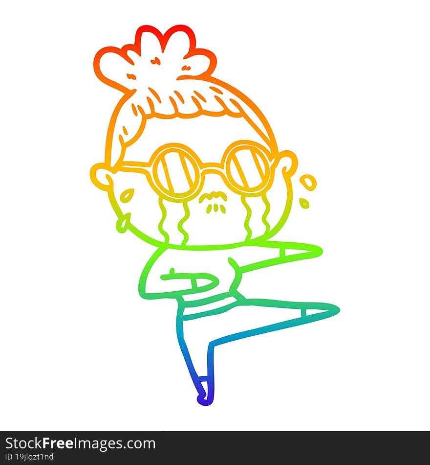 rainbow gradient line drawing cartoon crying woman wearing spectacles