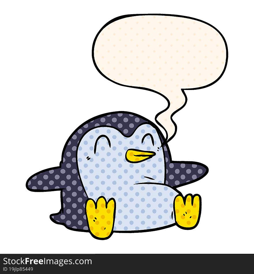 cartoon penguin and speech bubble in comic book style