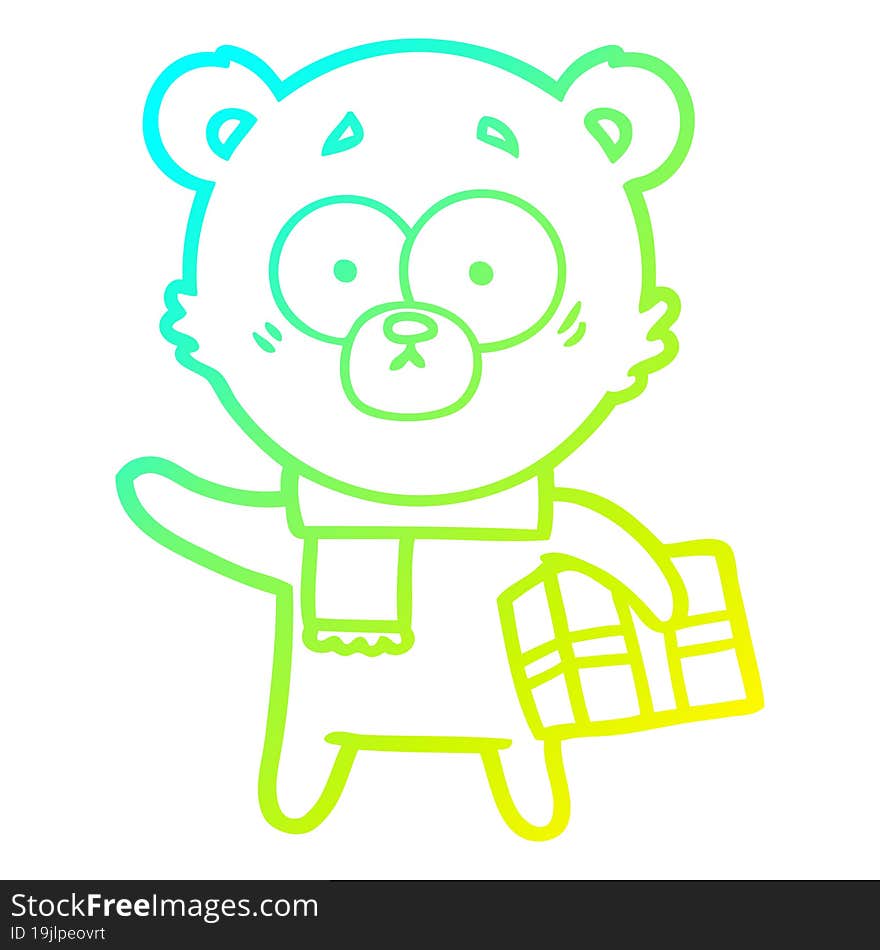 cold gradient line drawing of a nervous christmas bear cartoon