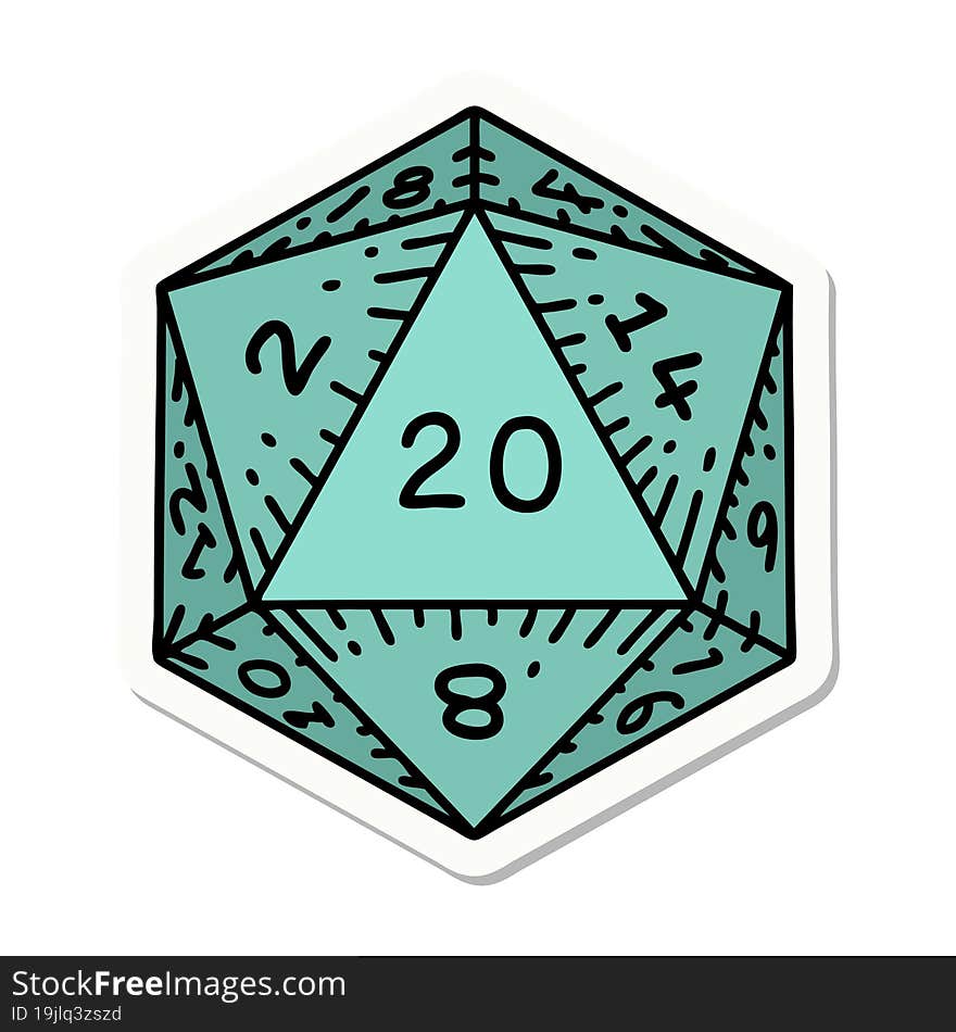 sticker of a natural 20 D20 dice roll. sticker of a natural 20 D20 dice roll