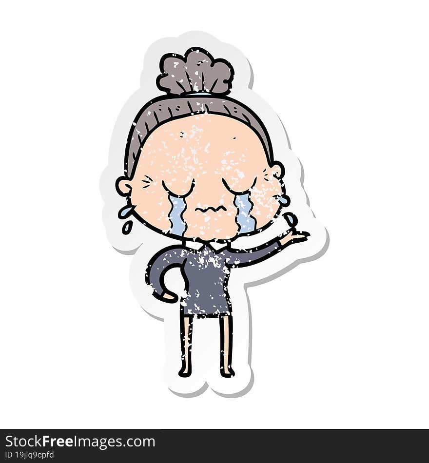 distressed sticker of a cartoon crying old lady