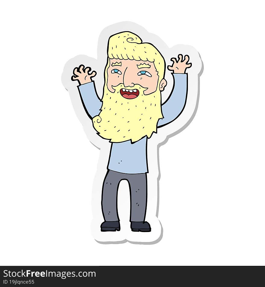 sticker of a cartoon happy bearded man waving arms