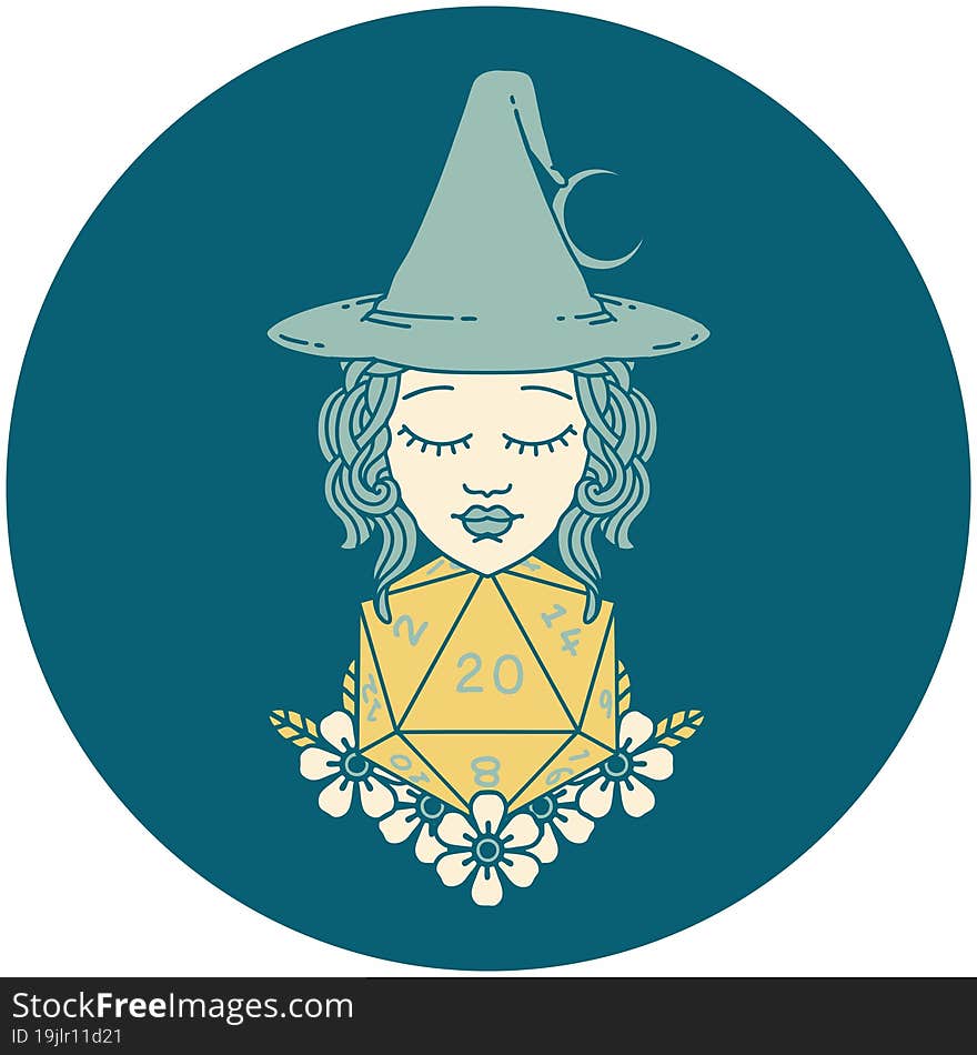 human witch with natural twenty dice roll illustration