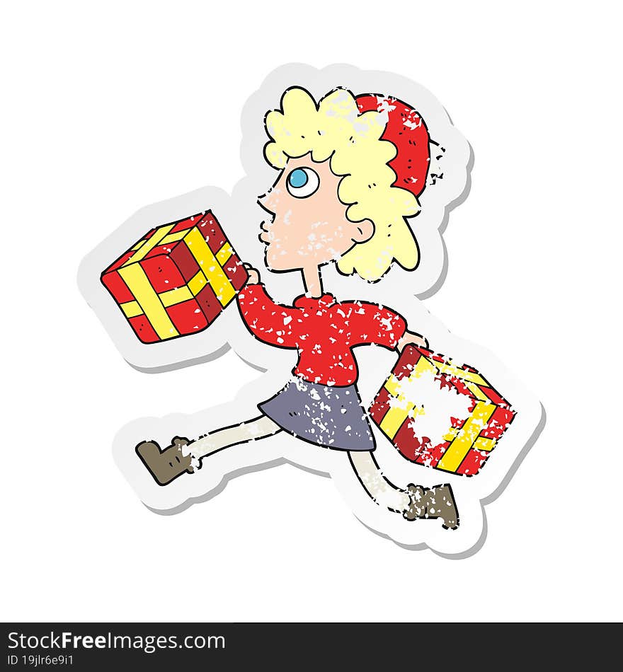 Retro Distressed Sticker Of A Cartoon Running Woman With Presents