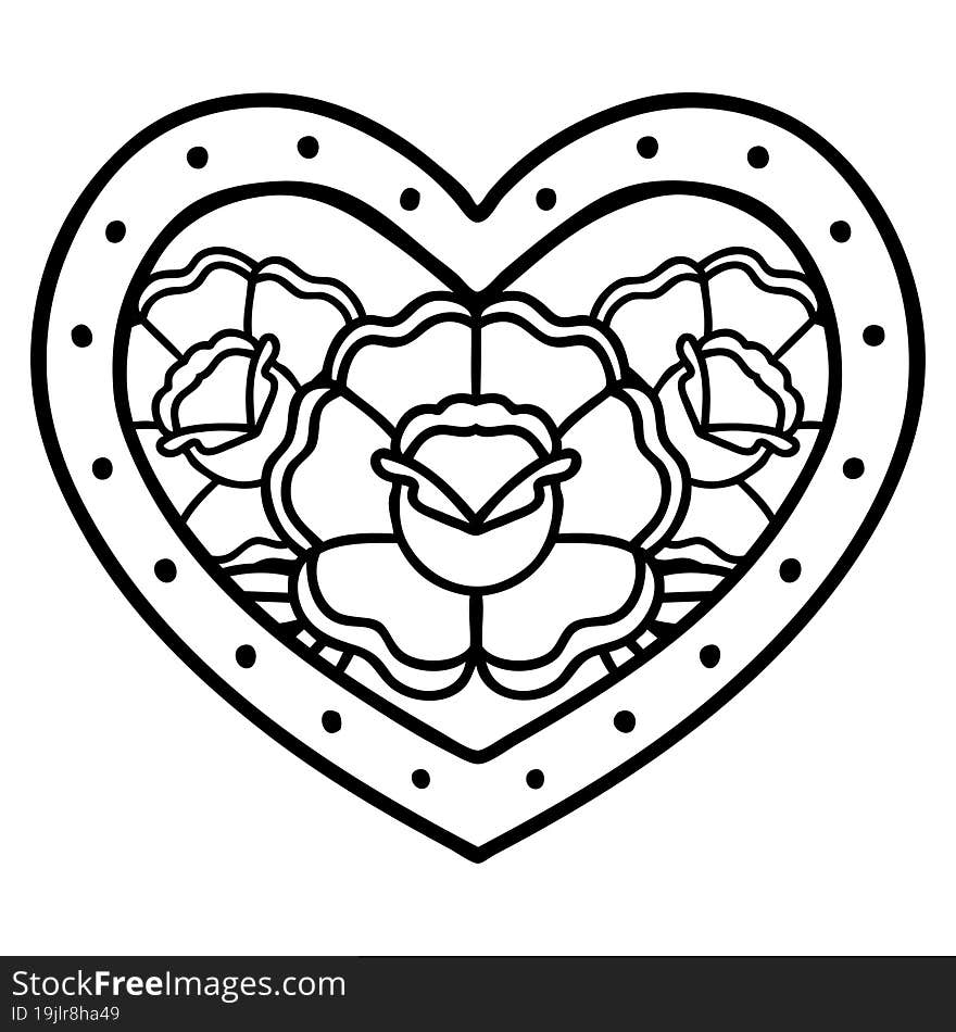 black line tattoo of a heart and flowers