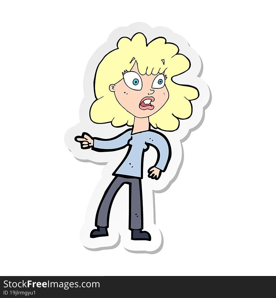 sticker of a cartoon worried woman pointing