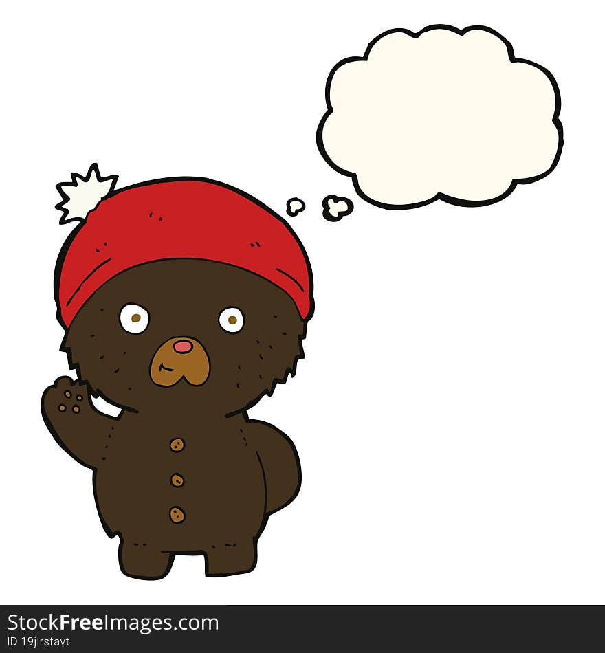 cartoon waving black teddy bear in winter hat with thought bubble