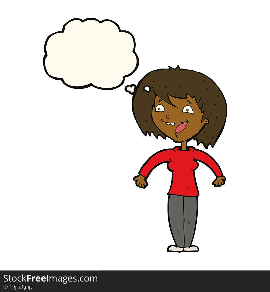 cartoon excited woman with thought bubble