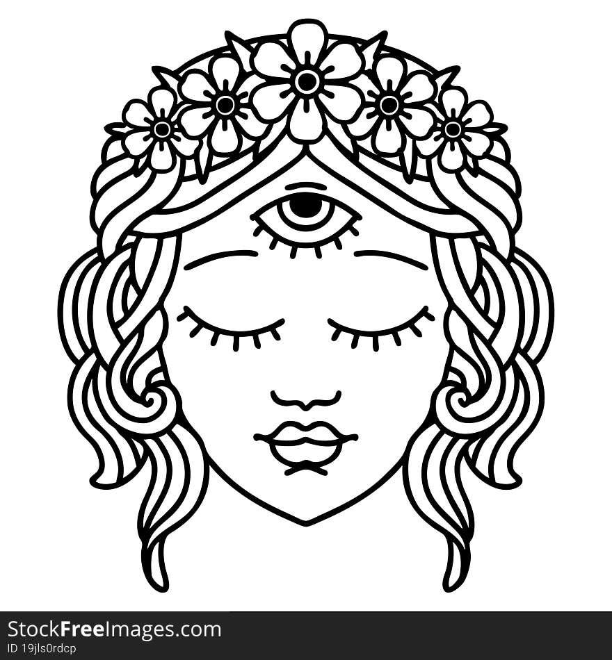 tattoo in black line style of female face with third eye and crown of flowers. tattoo in black line style of female face with third eye and crown of flowers