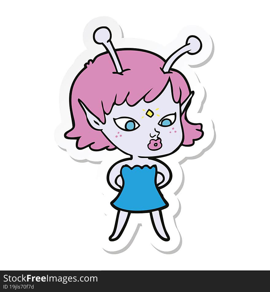 Sticker Of A Pretty Cartoon Alien Girl