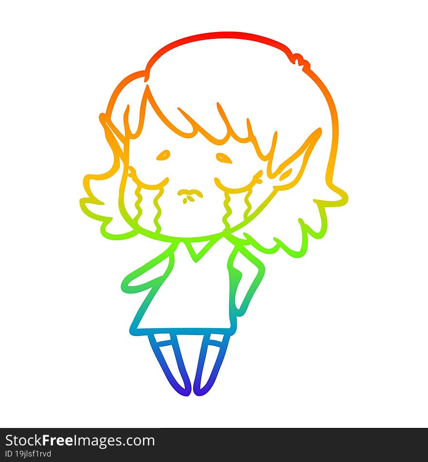 rainbow gradient line drawing crying cartoon elf girl