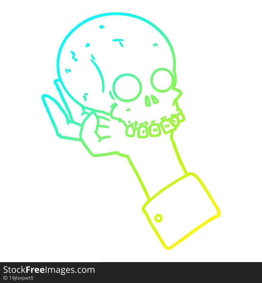 cold gradient line drawing of a cartoon hand holding skull