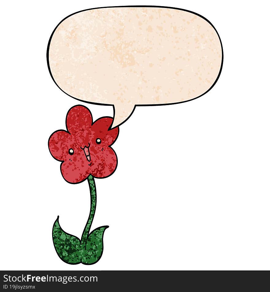 cartoon flower and speech bubble in retro texture style