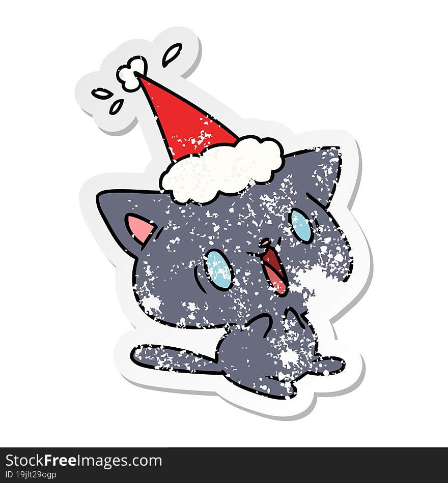 Christmas Distressed Sticker Cartoon Of Kawaii Cat