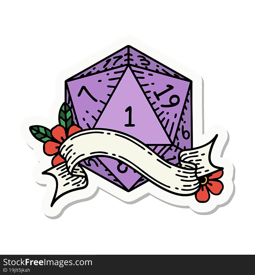 sticker of a natural one d20 dice roll. sticker of a natural one d20 dice roll