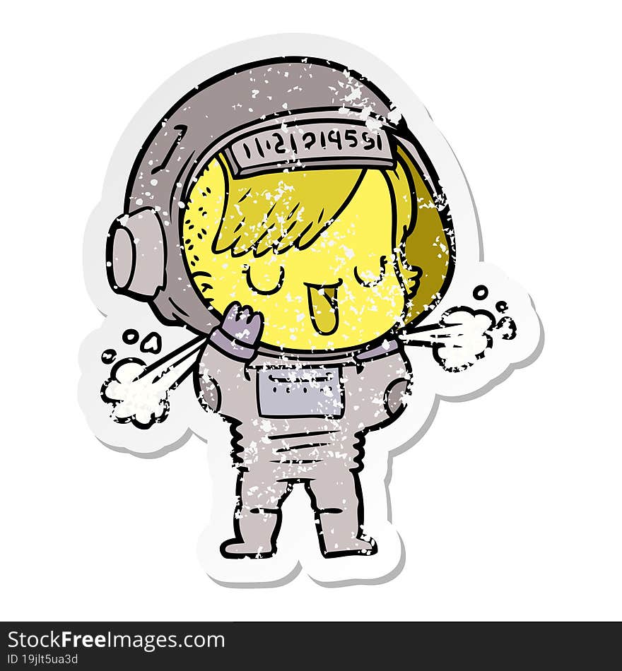 distressed sticker of a cartoon astronaut woman