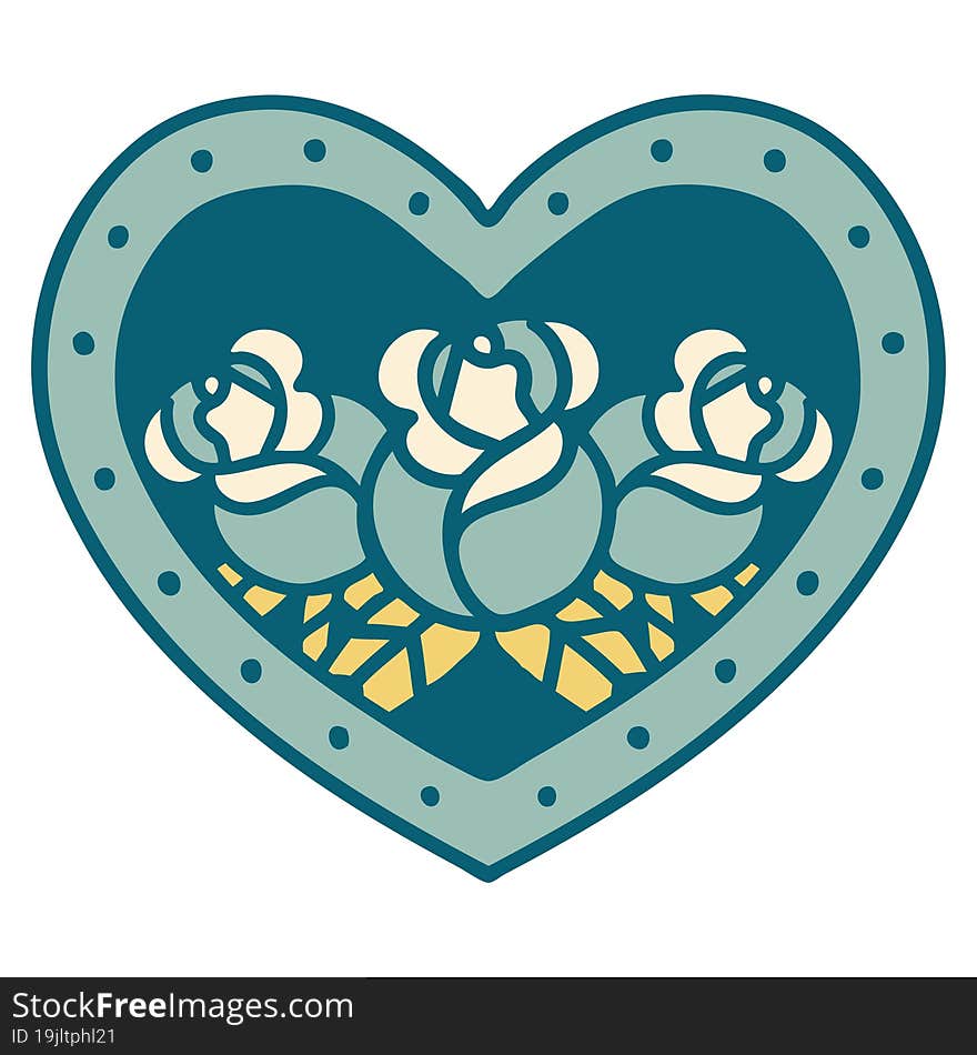 iconic tattoo style image of a heart and flowers. iconic tattoo style image of a heart and flowers