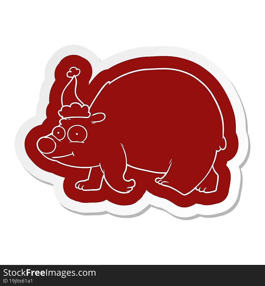 cartoon  sticker of a walking polar bear wearing santa hat