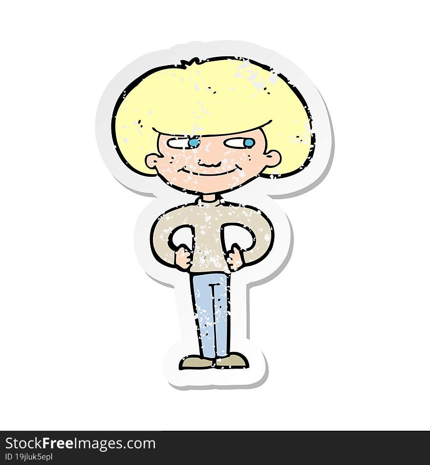 Retro Distressed Sticker Of A Cartoon Boy With Hands On Hips