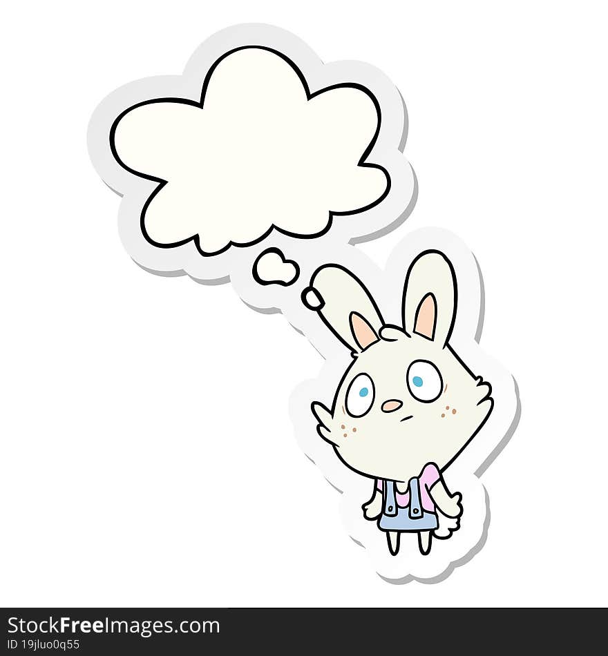 cartoon rabbit shrugging shoulders with thought bubble as a printed sticker