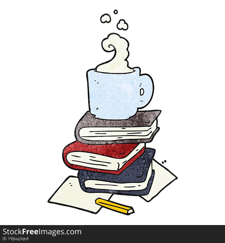 freehand textured cartoon books and coffee cup