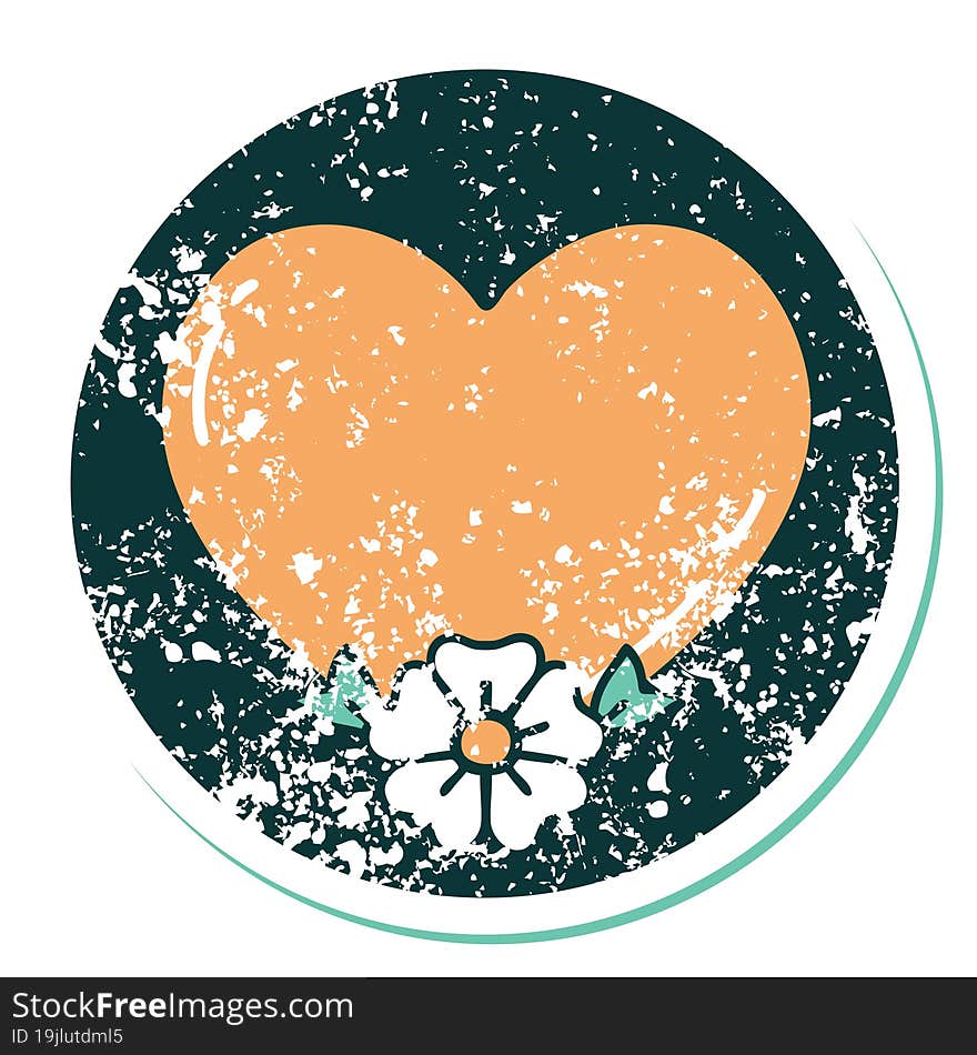 distressed sticker tattoo style icon of a heart and flower