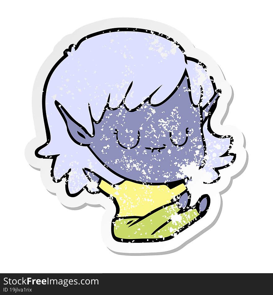 distressed sticker of a happy cartoon elf girl sitting