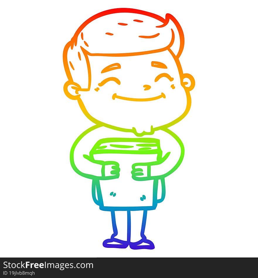 rainbow gradient line drawing happy cartoon man holding book