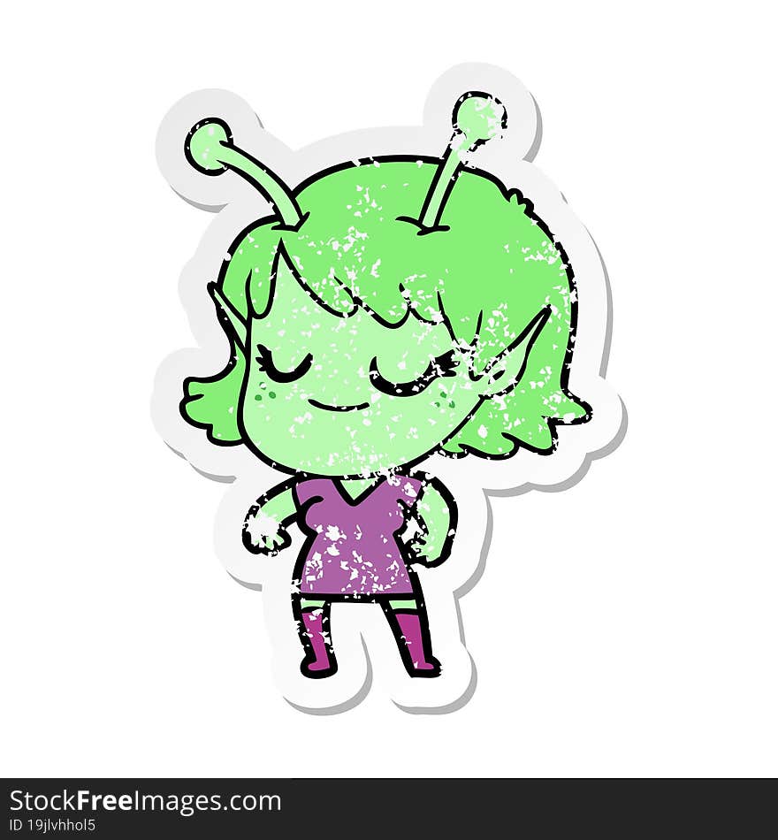 distressed sticker of a smiling alien girl cartoon