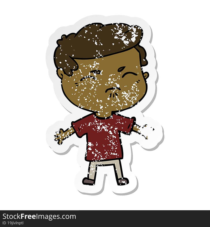 distressed sticker of a cartoon annoyed man