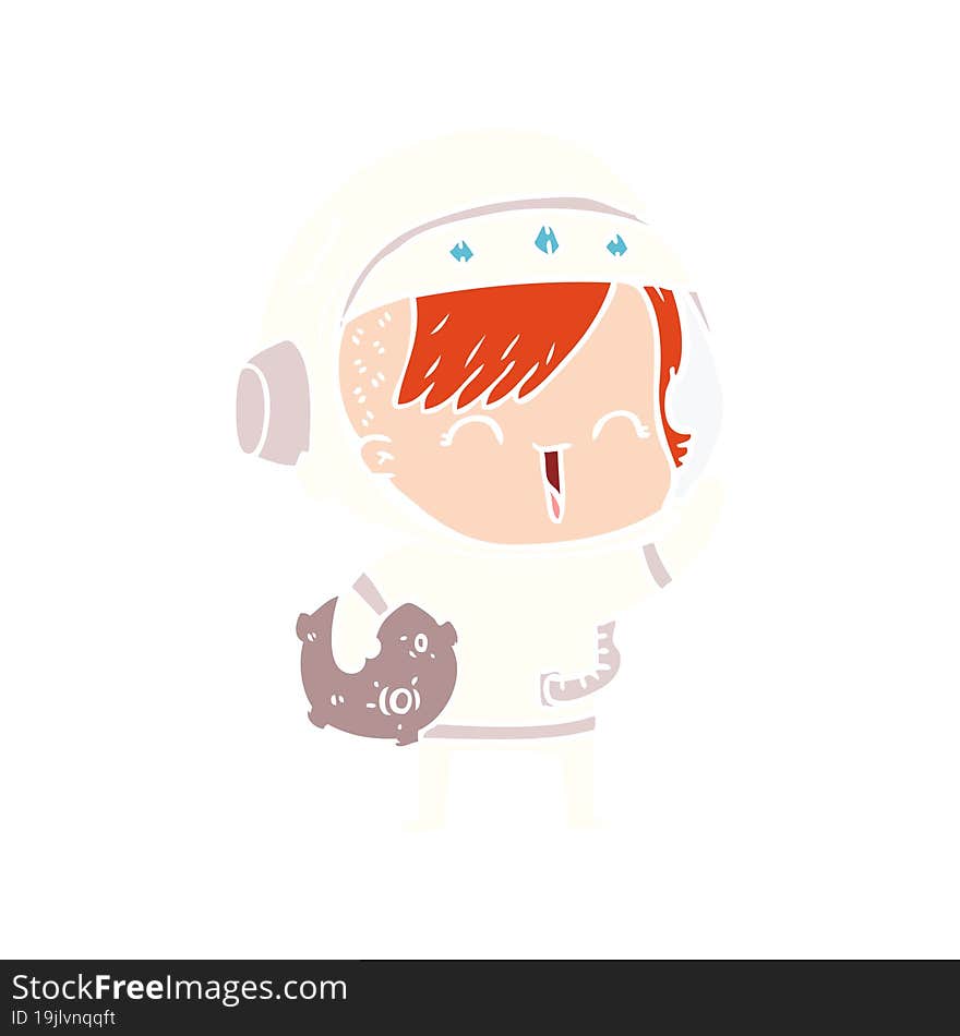 flat color style cartoon happy spacegirl holding moon rock