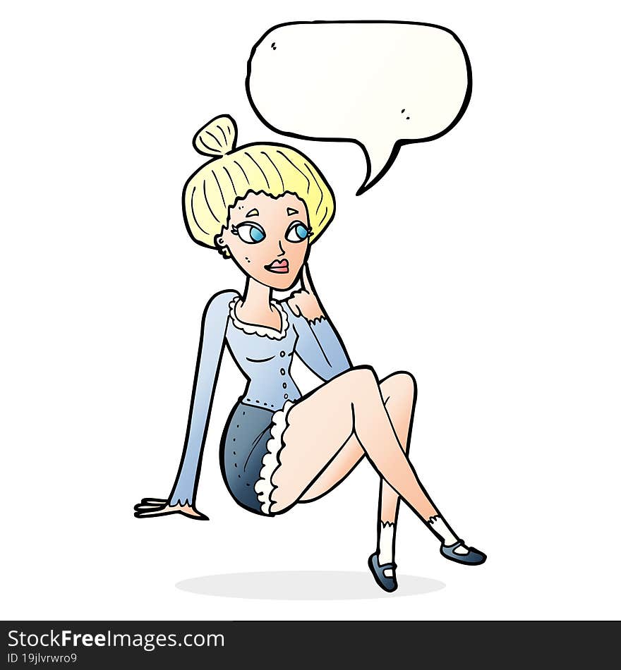 cartoon attractive woman sitting thinking with speech bubble