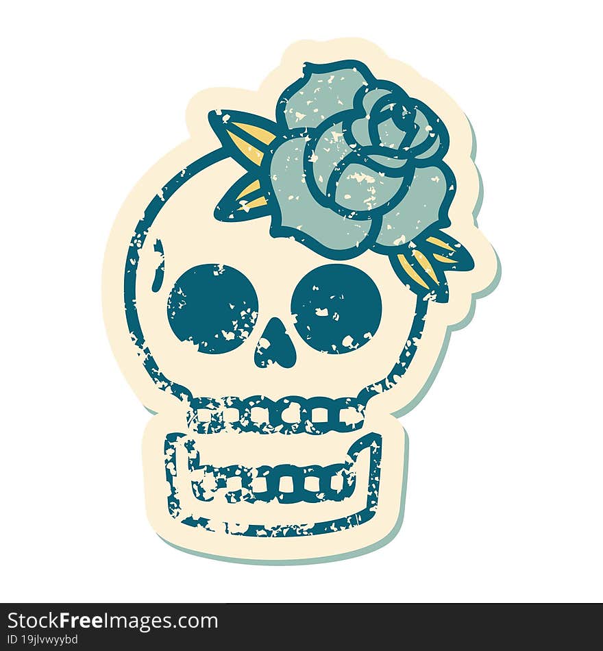 distressed sticker tattoo style icon of a skull and rose