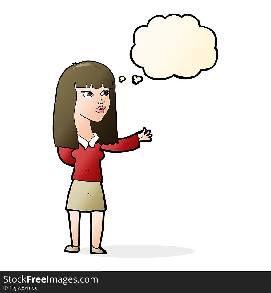 Cartoon Woman Gesturing To Show Something With Thought Bubble