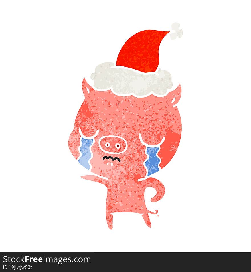 retro cartoon of a pig crying wearing santa hat