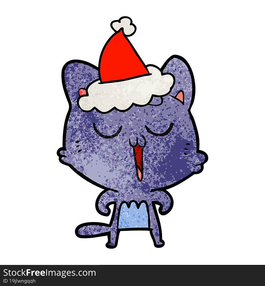 Textured Cartoon Of A Cat Singing Wearing Santa Hat