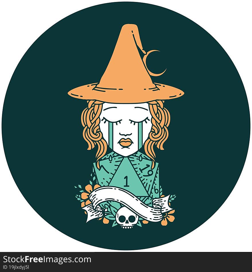 icon of crying human witch with natural D20 roll. icon of crying human witch with natural D20 roll