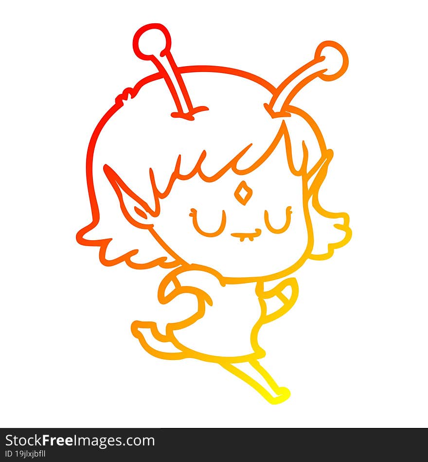 warm gradient line drawing of a cartoon alien girl