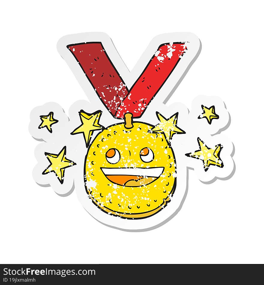 Retro Distressed Sticker Of A Cartoon Happy Sports Medal