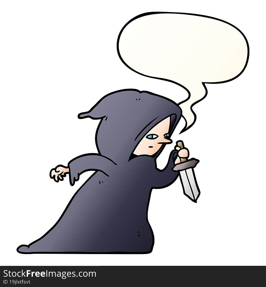 Cartoon Assassin In Dark Robe And Speech Bubble In Smooth Gradient Style