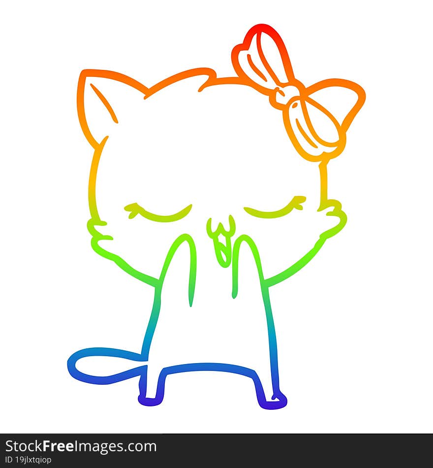 Rainbow Gradient Line Drawing Cartoon Cat With Bow On Head