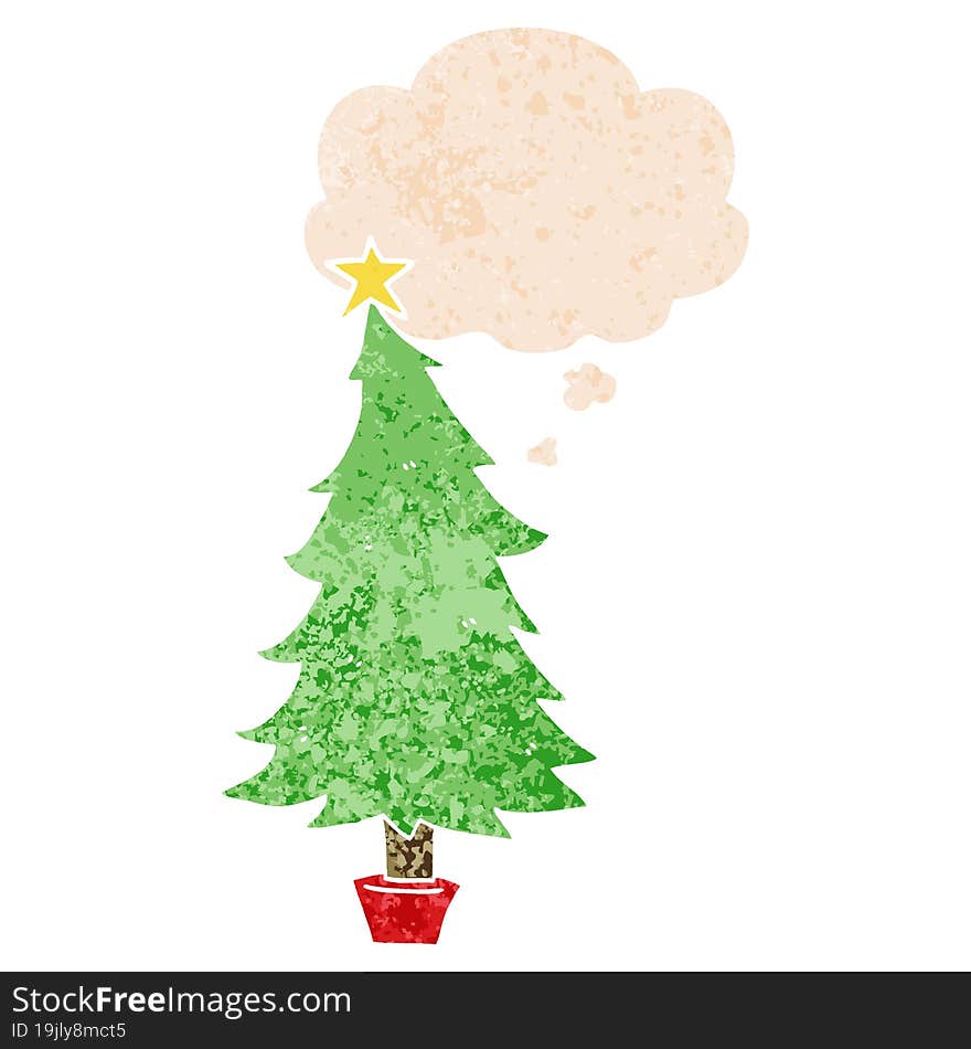 cartoon christmas tree and thought bubble in retro textured style