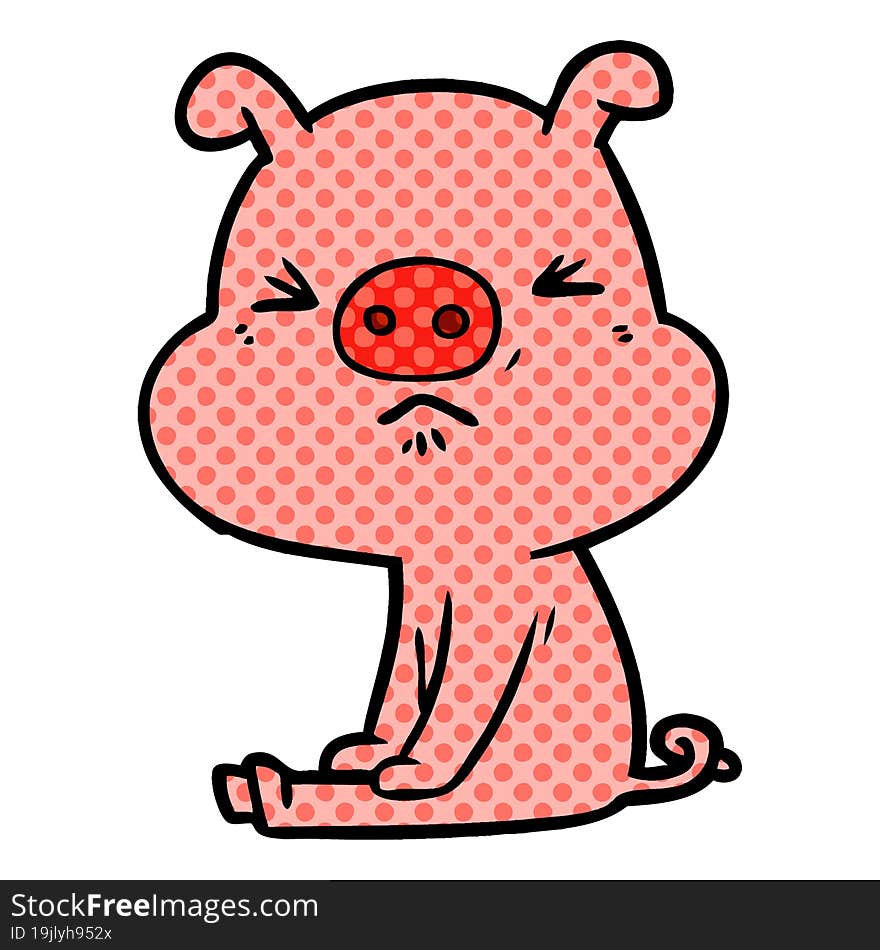 cartoon angry pig sat waiting. cartoon angry pig sat waiting