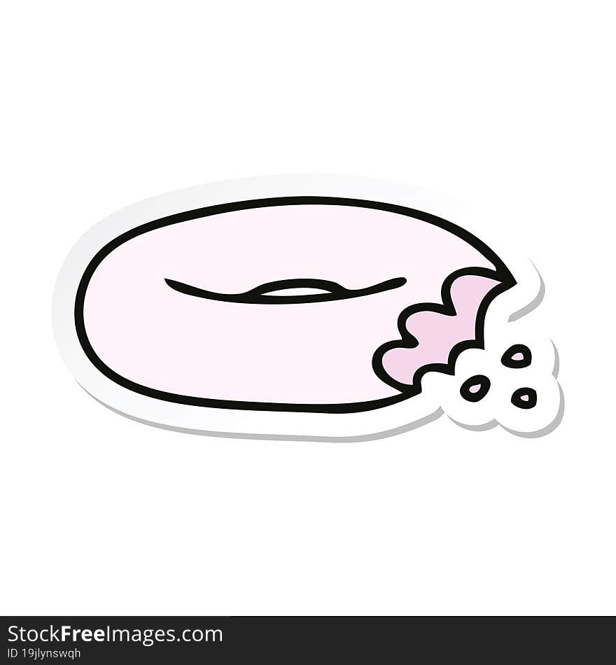 sticker of a quirky hand drawn cartoon bitten donut