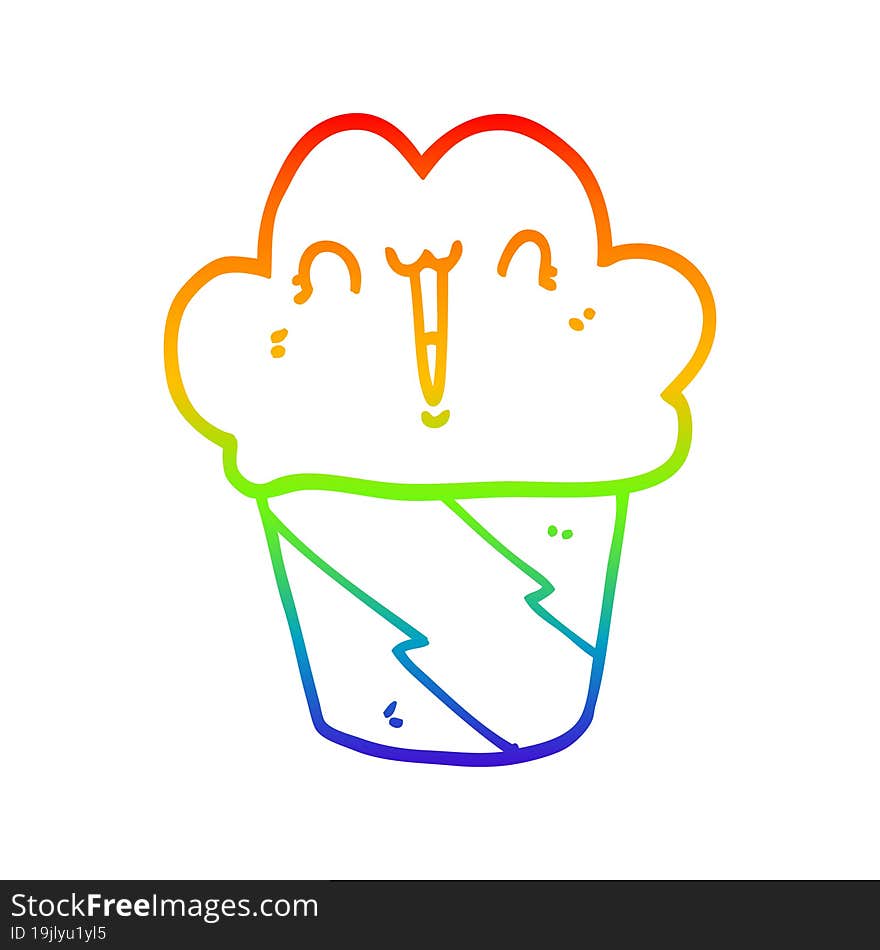 rainbow gradient line drawing of a cartoon cupcake with face