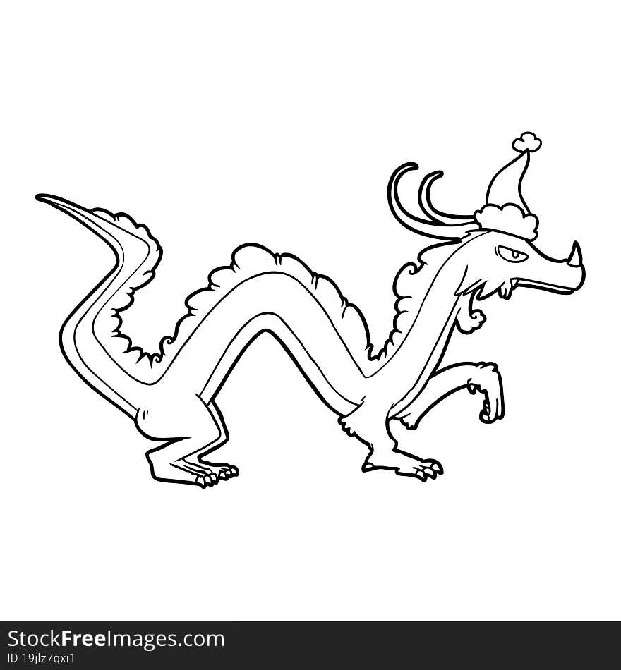 hand drawn line drawing of a dragon wearing santa hat