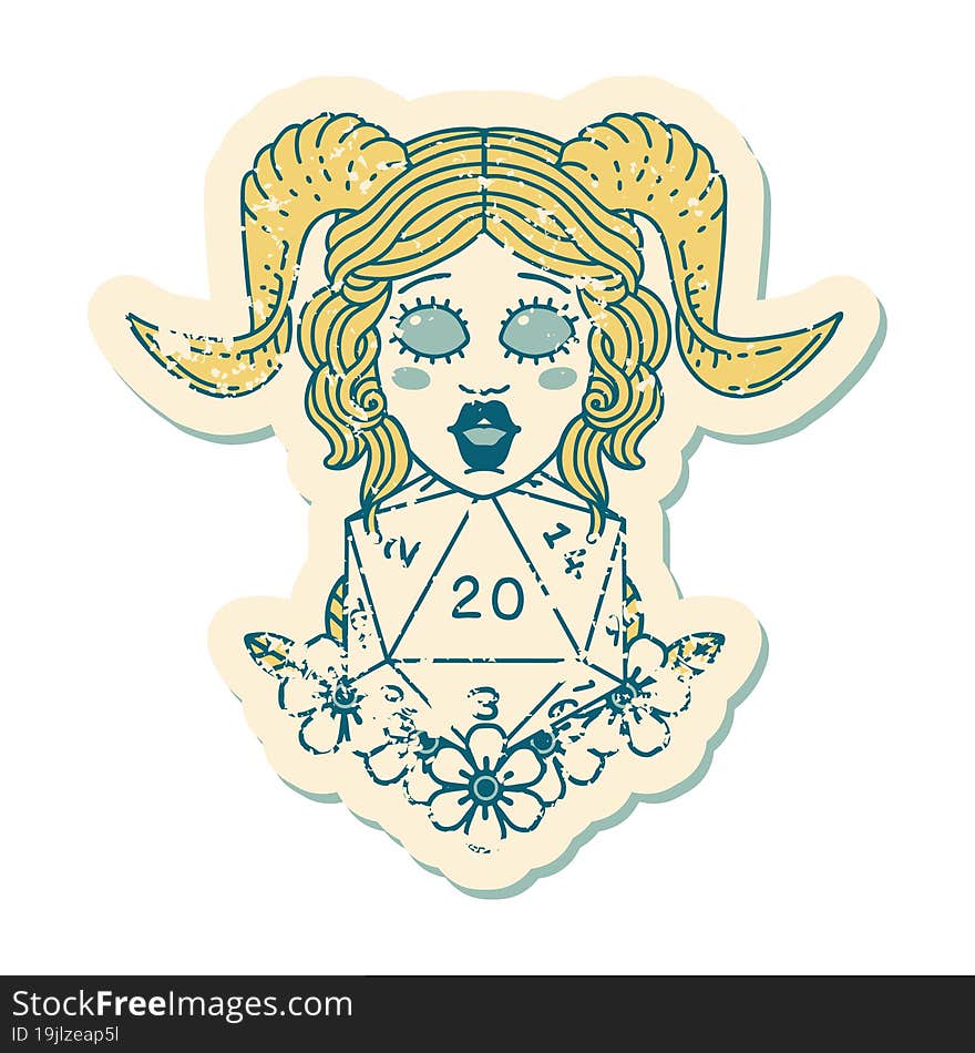 grunge sticker of a tiefling with natural twenty dice roll. grunge sticker of a tiefling with natural twenty dice roll